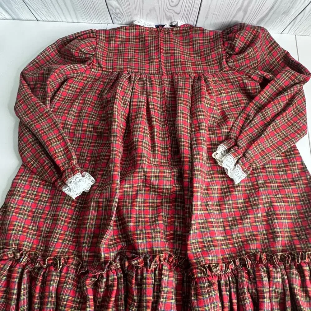 VTG Girls Prairie Dress Cottagecore Sz 5 Red Scottish Christmas Costume